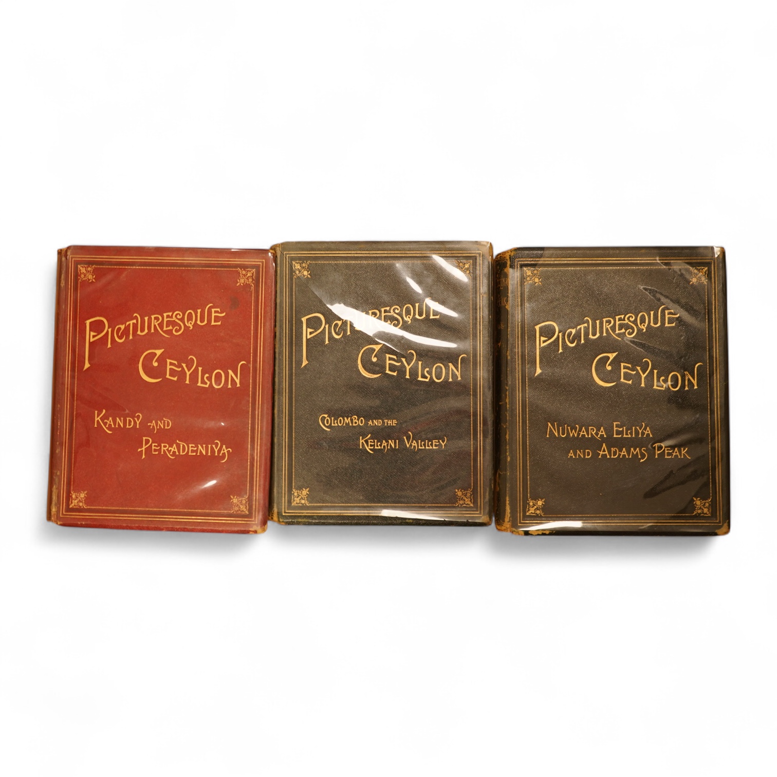 Cave, Henry W. - Picturesque Ceylon. 1st edition, 3 vols, 91 photo . plates (with captioned guards); original gilt ruled, decorated and lettered morocco, ge. and marbled e/ps., roy. 4to. 1893-95. *(E.R. Tongue-Croxall)